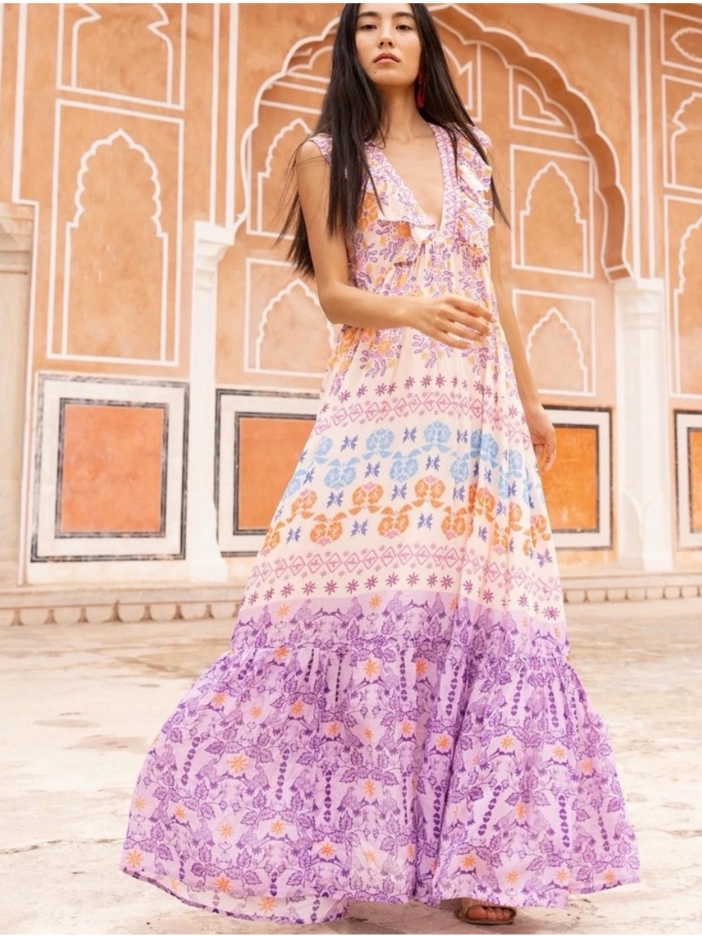 Oliphant Ruffle V-Neck Maxi- Paradiso Lilac Size Medium Boho Wedding Guest